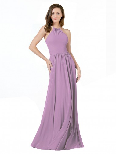Soft Chiffon Long Halter Neck Dark Lavender A-Line Bridesmaid Dress Plymouth