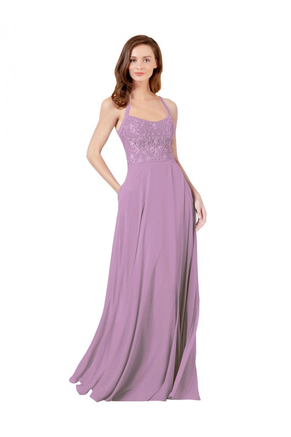 Soft Chiffon & Lace Long Spaghetti Straps Dark Lavender A-Line Bridesmaid Dress Plymouth