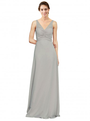 Soft Chiffon Long V-Neck Silver A-Line Bridesmaid Dress Plymouth