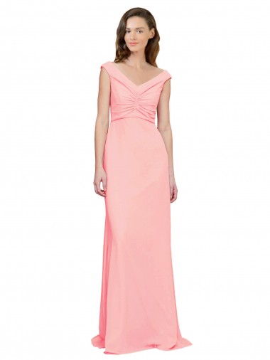 Soft Chiffon Long V-Neck Salmon A-Line Bridesmaid Dress Plymouth