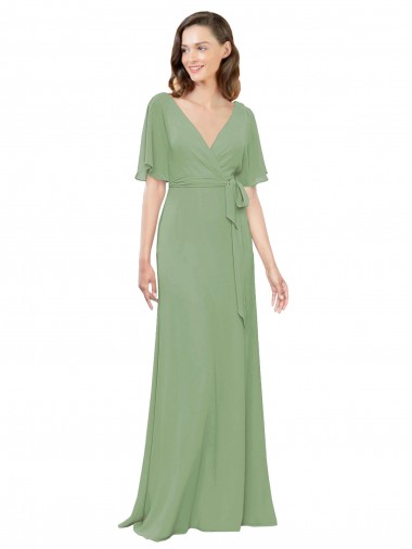 Soft Chiffon Long V-Neck Seagrass A-Line Bridesmaid Dress Plymouth