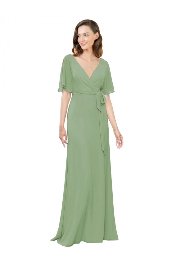 Soft Chiffon Long V-Neck Seagrass A-Line Bridesmaid Dress Plymouth