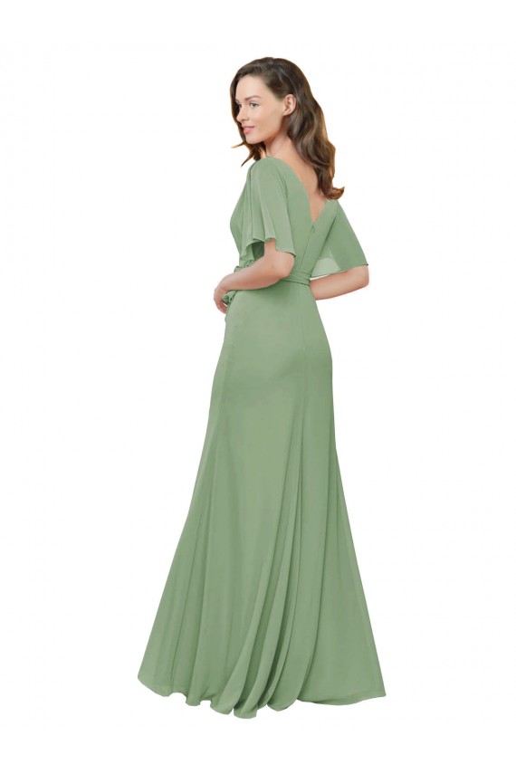 Soft Chiffon Long V-Neck Seagrass A-Line Bridesmaid Dress Plymouth