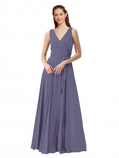 Soft Chiffon Long V-Neck Silver Stone A-Line Bridesmaid Dress Plymouth