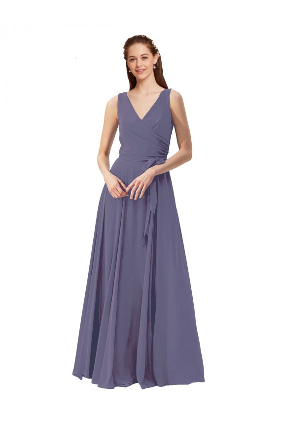 Soft Chiffon Long V-Neck Silver Stone A-Line Bridesmaid Dress Plymouth