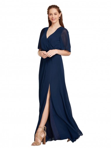 Soft Chiffon Long V-Neck Dark Navy A-Line Bridesmaid Dress / Formal Dress Plymouth