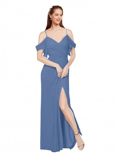 Soft Chiffon Long Off the Shoulder Windsor Blue A-Line Bridesmaid Dress Plymouth
