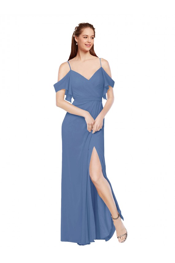 Soft Chiffon Long Off the Shoulder Windsor Blue A-Line Bridesmaid Dress Plymouth