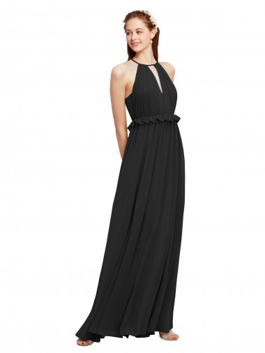 Soft Chiffon Keyhole Back Long Halter Neck Black Sheath Bridesmaid Dress Plymouth
