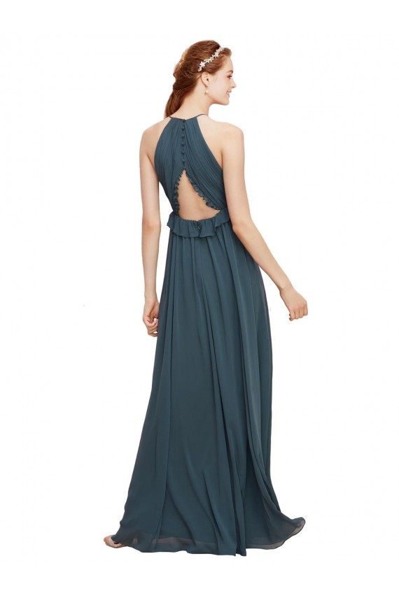 Soft Chiffon Keyhole Back Long Halter Neck Black Sheath Bridesmaid Dress Plymouth