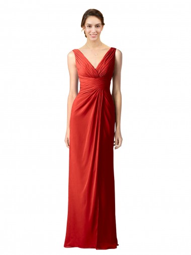 Soft Chiffon V-Back Long V-Neck Red Sheath Bridesmaid Dress Plymouth