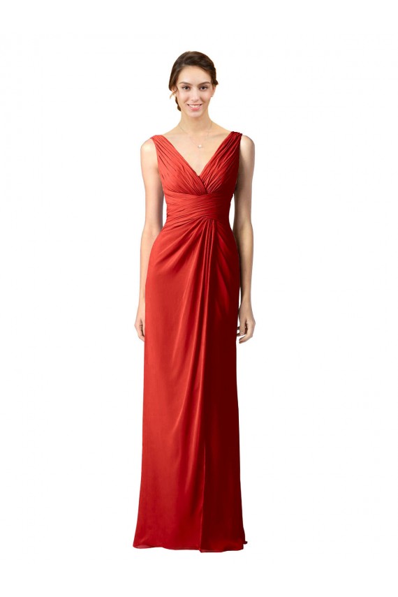 Soft Chiffon V-Back Long V-Neck Red Sheath Bridesmaid Dress Plymouth