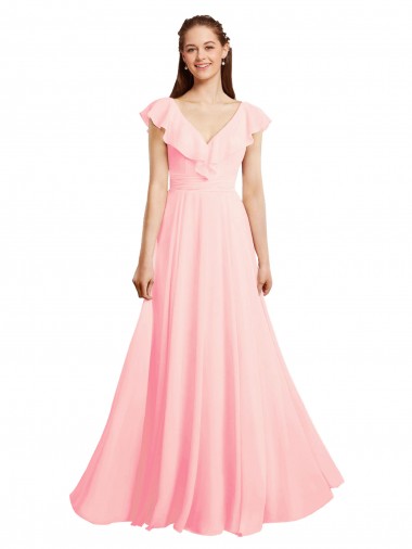 Chiffon V-Back Long V-Neck Pink A-Line Bridesmaid Dress / Evening Gowns Plymouth