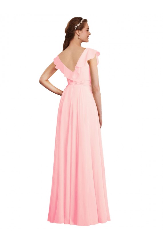 Chiffon V-Back Long V-Neck Pink A-Line Bridesmaid Dress / Evening Gowns Plymouth
