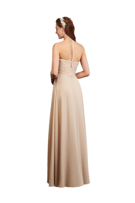 Soft Chiffon Low Back Long Halter Neck Champagne A-Line Bridesmaid Dress Plymouth