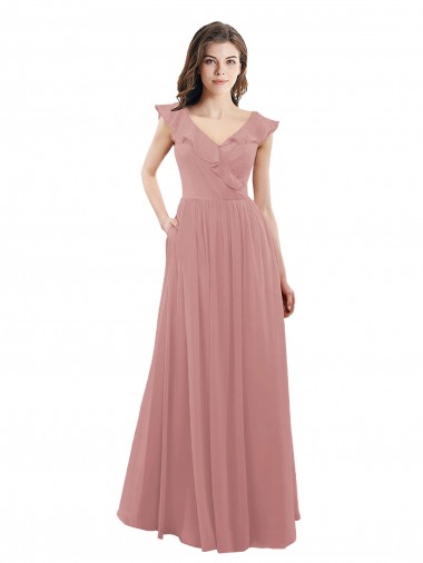 Soft Chiffon V-Back Long V-Neck Dusty Pink A-Line Bridesmaid Dress Plymouth