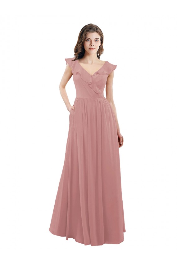 Soft Chiffon V-Back Long V-Neck Dusty Pink A-Line Bridesmaid Dress Plymouth