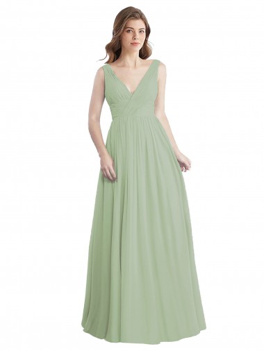 Soft Chiffon V-Back Long V-Neck Smoke Green A-Line Formal Dress / Bridesmaid Dress Plymouth