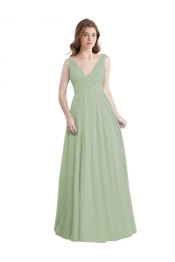 Soft Chiffon V-Back Long V-Neck Smoke Green A-Line Formal Dress / Bridesmaid Dress Plymouth