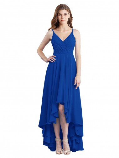 Soft Chiffon Open Back Long Spaghetti Straps Royal Blue A-Line High Low Bridesmaid Dress Plymouth