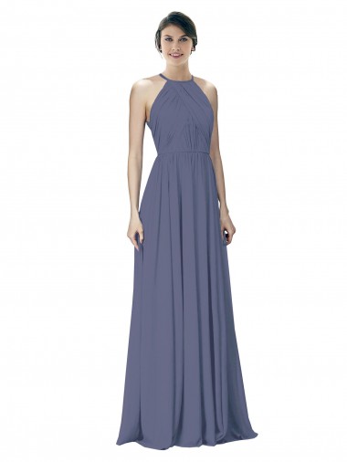 Soft Chiffon Open Back Long Halter Neck Silver Stone A-Line Formal Dress / Bridesmaid Dress Plymouth