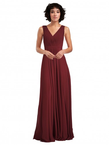 Soft Chiffon V-Back Long V-Neck Burgundy A-Line Bridesmaid Dress Plymouth