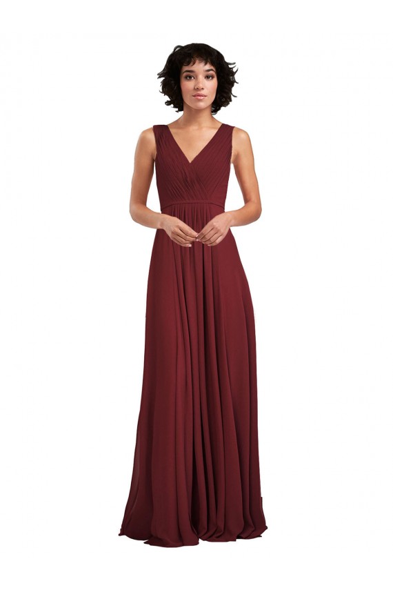 Soft Chiffon V-Back Long V-Neck Burgundy A-Line Bridesmaid Dress Plymouth