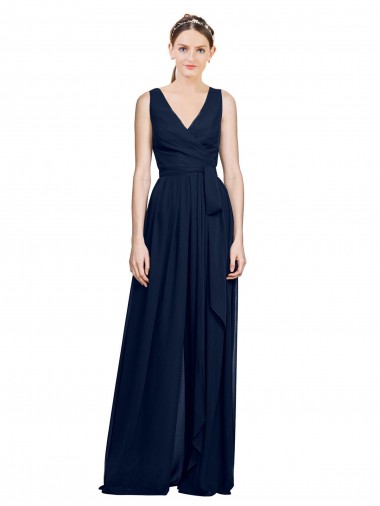 Chiffon Long V-Neck Dark Navy A-Line Wedding Party Dress Plymouth
