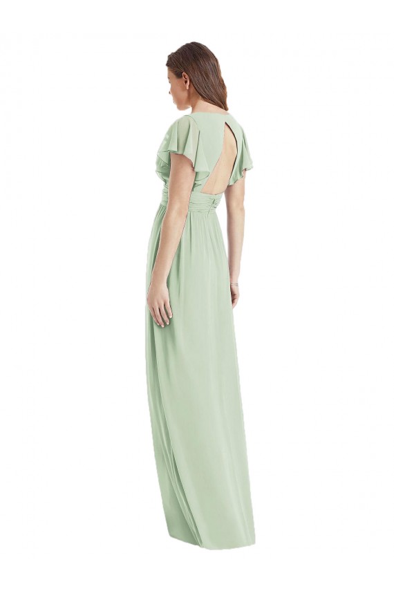 Soft Chiffon Open Back Long V-Neck Sage Trumpet Bridesmaid Dress Plymouth