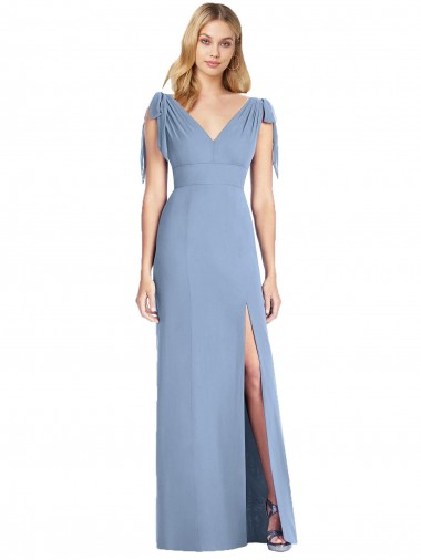Soft Chiffon V-Back Long V-Neck Dusty Blue Mermaid Bridesmaid Dress Plymouth