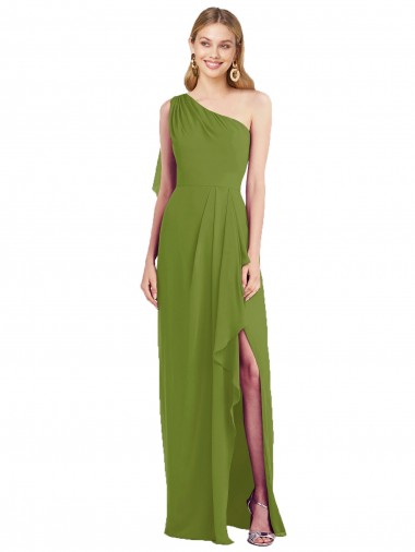 Soft Chiffon Long One Shoulder Olive Green Trumpet Bridesmaid Dress Plymouth