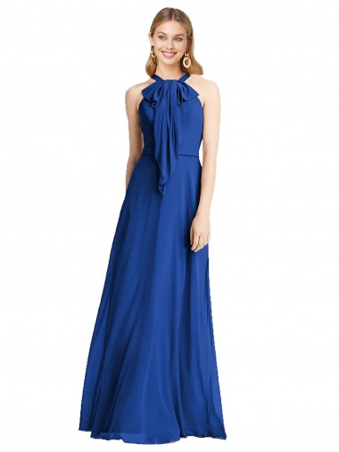 Soft Chiffon V-Back Long Halter Neck Royal Blue A-Line Bridesmaid Dress Plymouth