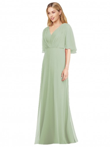 Soft Chiffon Long V-Neck Smoke Green Trumpet Bridesmaid Dress Plymouth