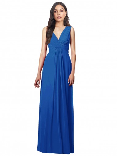 Soft Chiffon V-Back Long V-Neck Royal Blue A-Line Semi Formal Evening Dress / Bridesmaid Dress Plymouth