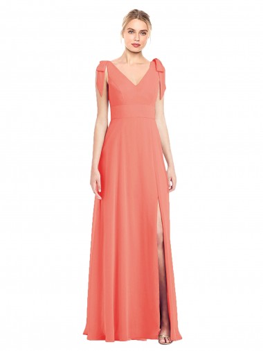 Soft Chiffon V-Back Long V-Neck Coral Trumpet Bridesmaid Dress Plymouth