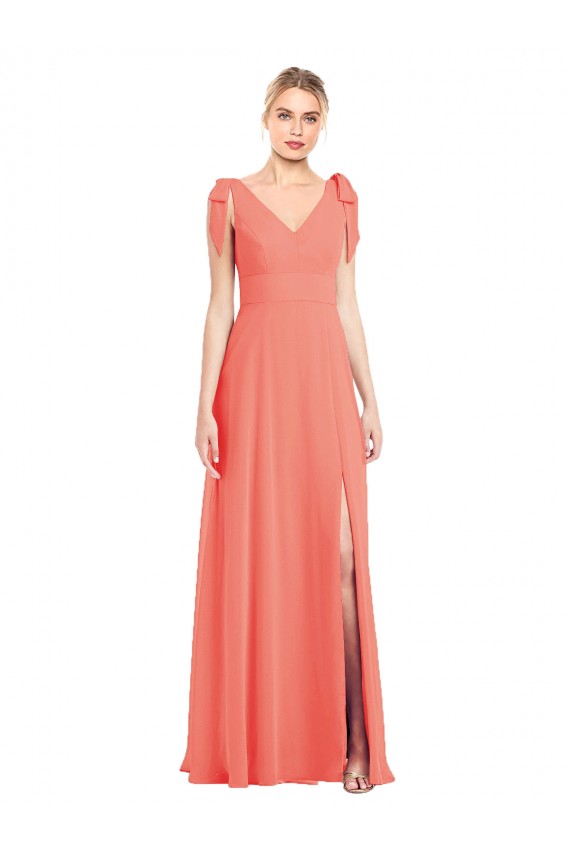 Soft Chiffon V-Back Long V-Neck Coral Trumpet Bridesmaid Dress Plymouth