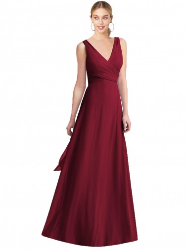 Chiffon V-Back Long Floor Length V-Neck Burgundy A-Line Bridesmaid Dress Plymouth