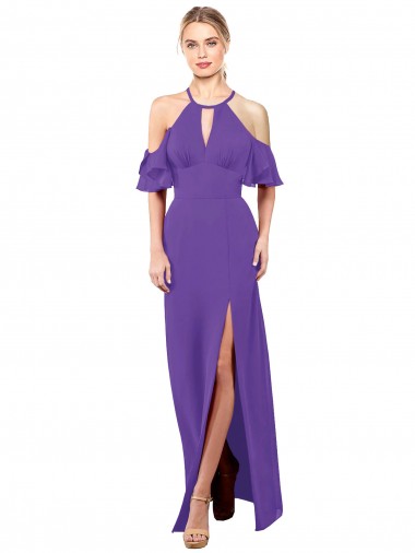 Soft Chiffon Open Back Long Halter Neck Purple A-Line Bridesmaid Dress Plymouth