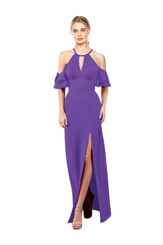 Soft Chiffon Open Back Long Halter Neck Purple A-Line Bridesmaid Dress Plymouth