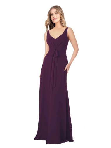 Chiffon Long Floor Length V-Neck Grape A-Line Bridesmaid Dress Plymouth