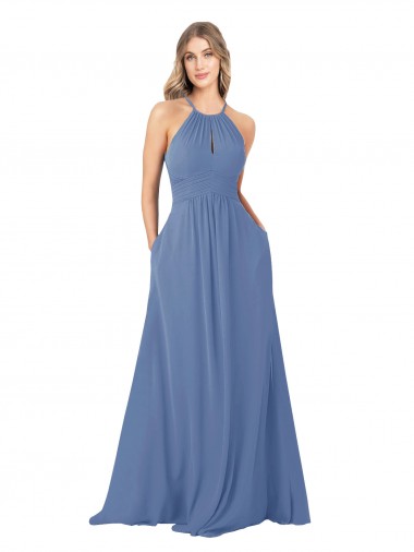 Soft Chiffon Open Back Long High Neck A-Line Bridesmaid Dress Plymouth
