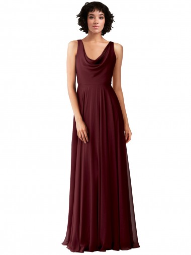 Soft Chiffon V-Back Long Cowl Neck Burgundy Gold A-Line Bridesmaid Dress Plymouth