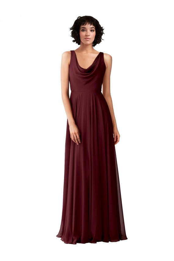 Soft Chiffon V-Back Long Cowl Neck Burgundy Gold A-Line Bridesmaid Dress Plymouth