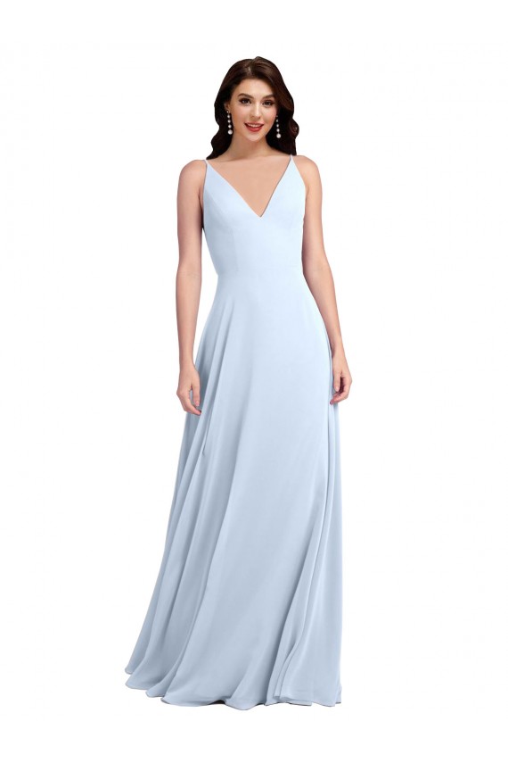 Soft Chiffon Keyhole Back Long V-Neck Light Sky Blue A-Line Evening Dress / Bridesmaid Dress Plymouth