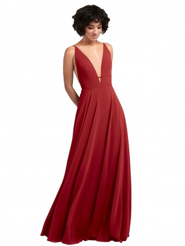Lxue Chiffon V-Back Long V-Neck Red A-Line Bridesmaid Dress Plymouth