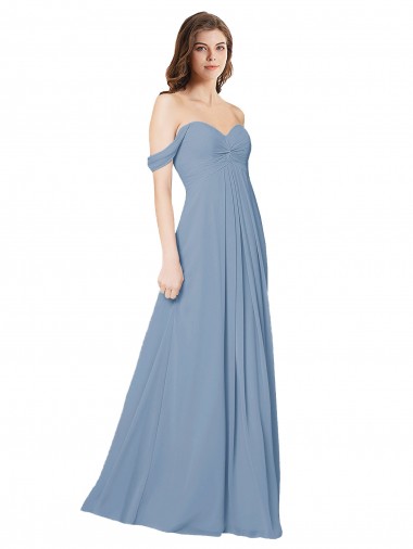 Chiffon Low Back Sleeveless Sweetheart Dusty Blue A-Line Wedding Party Dress Plymouth