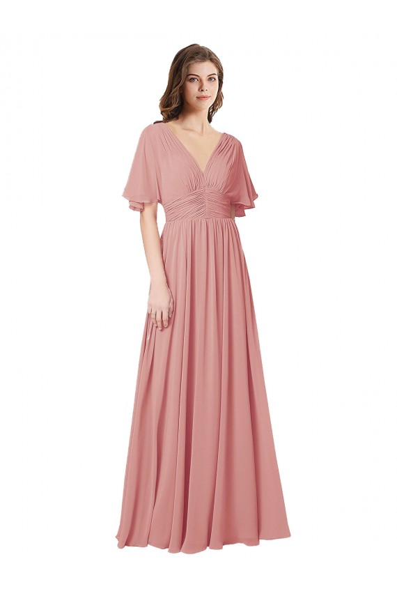 Soft Chiffon V-Back Long V-Neck Bliss Pink A-Line Bridesmaid Dress Plymouth