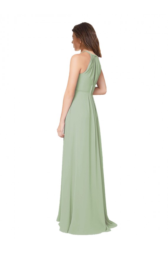 Soft Chiffon Keyhole Back Long Halter Neck Smoke Green A-Line Bridesmaid Dress Plymouth