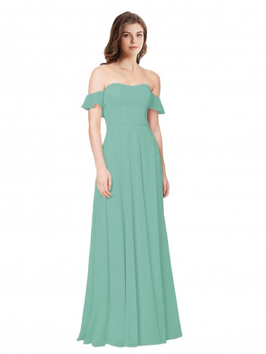 Soft Chiffon Open Back Long Off the Shoulder Jade A-Line Bridesmaid Dress Plymouth