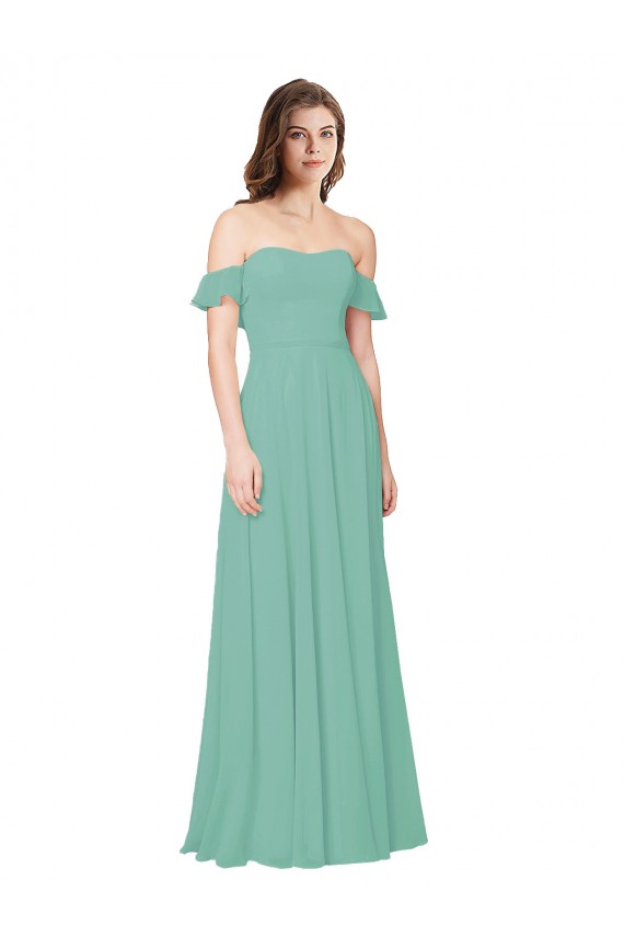 Soft Chiffon Open Back Long Off the Shoulder Jade A-Line Bridesmaid Dress Plymouth